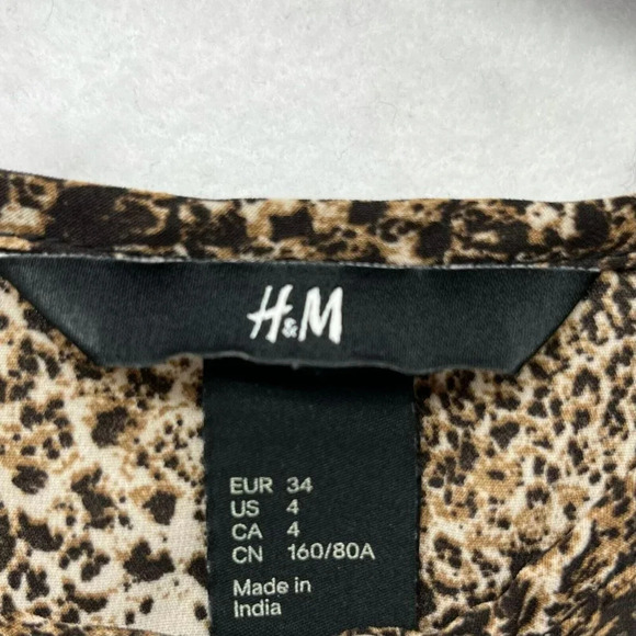 H&M Mini Dress Women's Sz 4 Brown Snake Print 3/4 Sleeve Scoop Neck Tie Waist - Picture 8 of 11